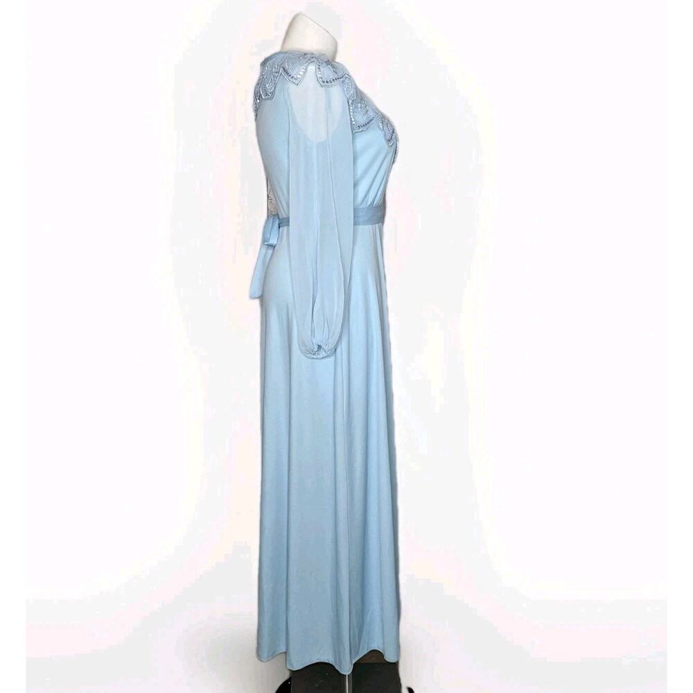 VTG 70s Baby Blue Maxi Dress w/ Sequin Applique Collar, sz Large - Picture 3 of 6